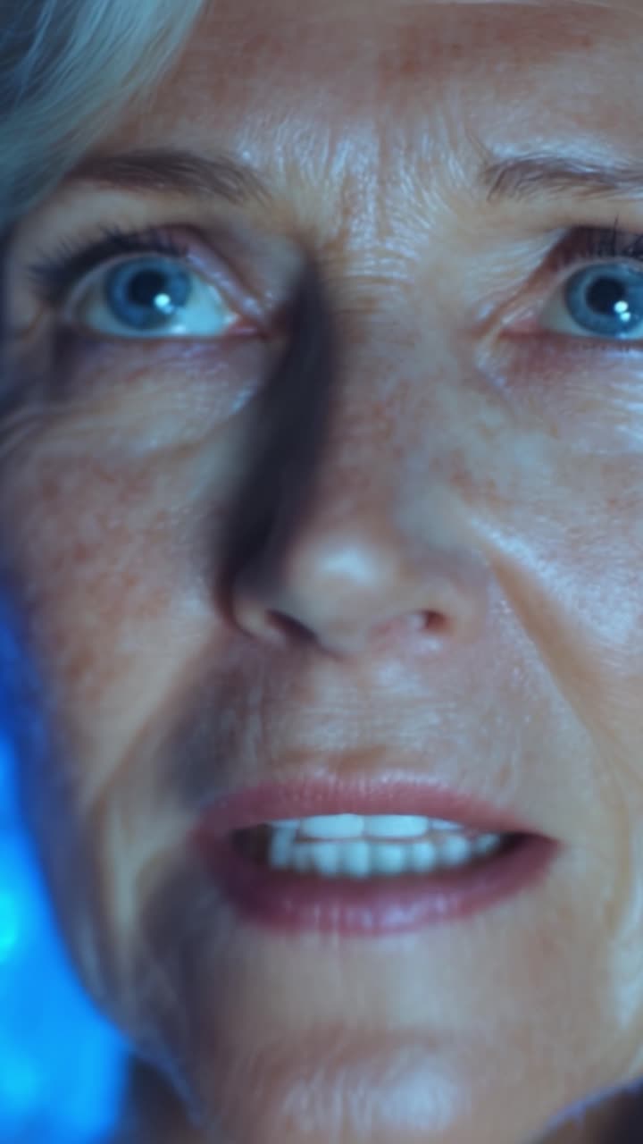 Emozioni intense catturate: ritratto in primo piano di una donna anziana che esprime paura e tensione sotto una fioca illuminazione blu in un'inquadratura cinematografica.