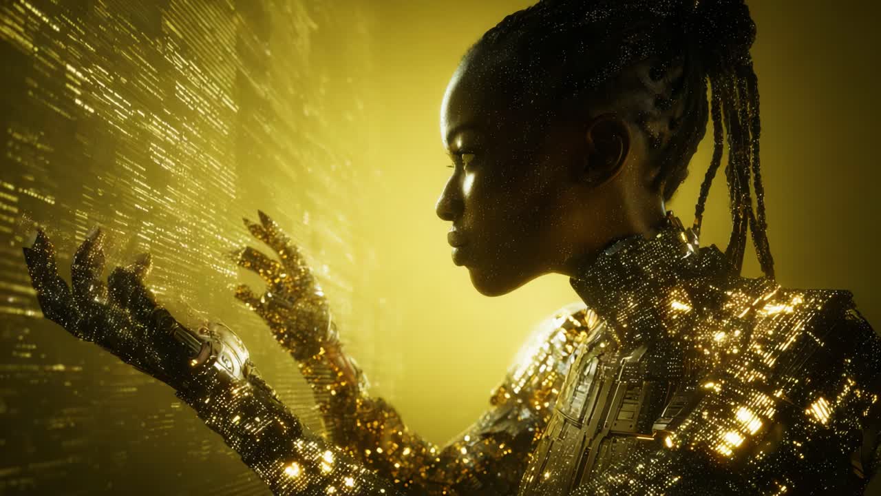 Una scena di fantascienza splendidamente realizzata con una figura futuristica ed elementi dorati luminosi con un'interfaccia digitale, che prepara il terreno per un'esplorazione intrigante di tecnologia e umanità