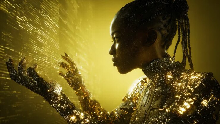 Una scena di fantascienza splendidamente realizzata con una figura futuristica ed elementi dorati luminosi con un'interfaccia digitale, che prepara il terreno per un'esplorazione intrigante di tecnologia e umanità