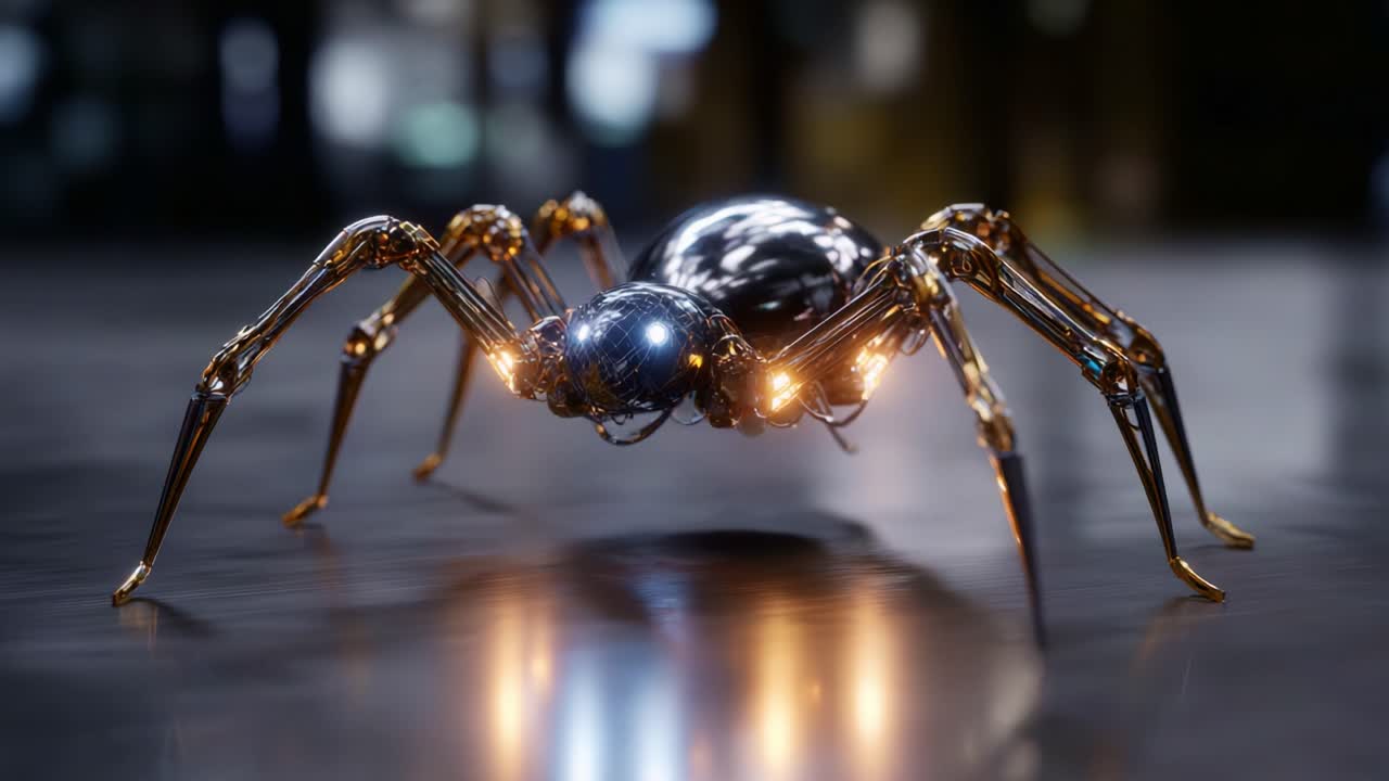 En hyperrealistisk robot-edderkop med metalliske lemmer og lysende funktioner, der viser et indviklet design og avanceret teknologi i et svagt oplyst miljø