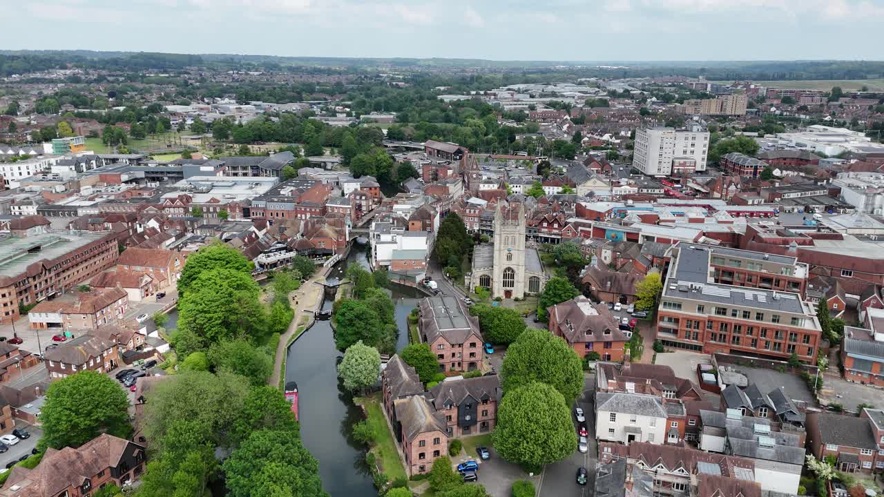Descending drone,aerial Newbury Berkshire town centre UK