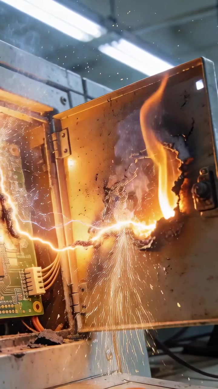Vertical video: Arcing circuit board causing burn-through of metal enclosure at bench, melting door