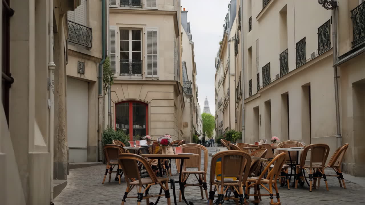 Charming Parisian Street with Empty Outdoor Cafe Tables