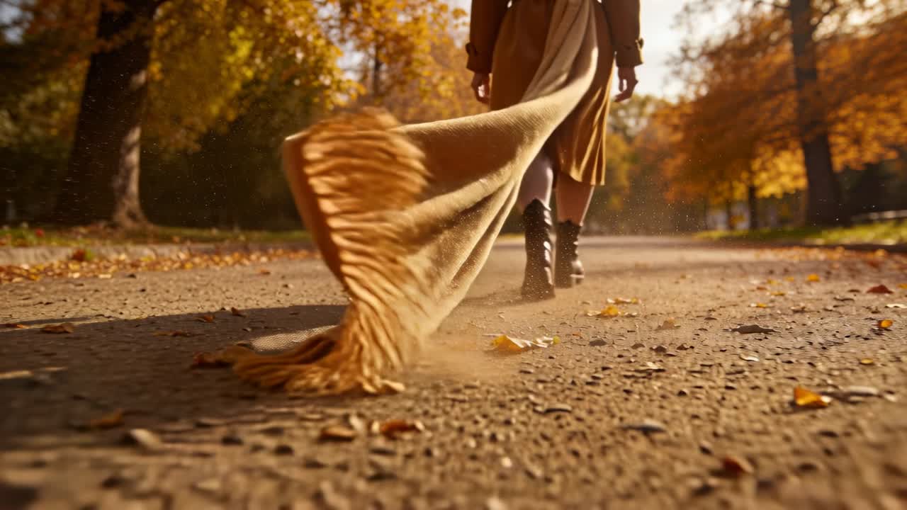Første skridt sender et frynset tørklæde, der trækker og hvirvler støv op, mens kvinde går mod en solbeskinnet lysning.