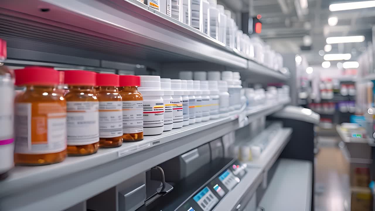 Rows of Medication Bottles on Shelves in a Pharmacy