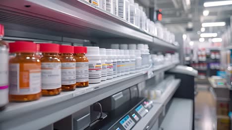 rows of medication bottles on shelves in a pharmacy