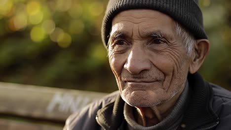 reflective elderly man sitting outdoors, embracing nature's beauty while enjoying a serene moment in the sunlight surrounded by gentle breezes and soft light