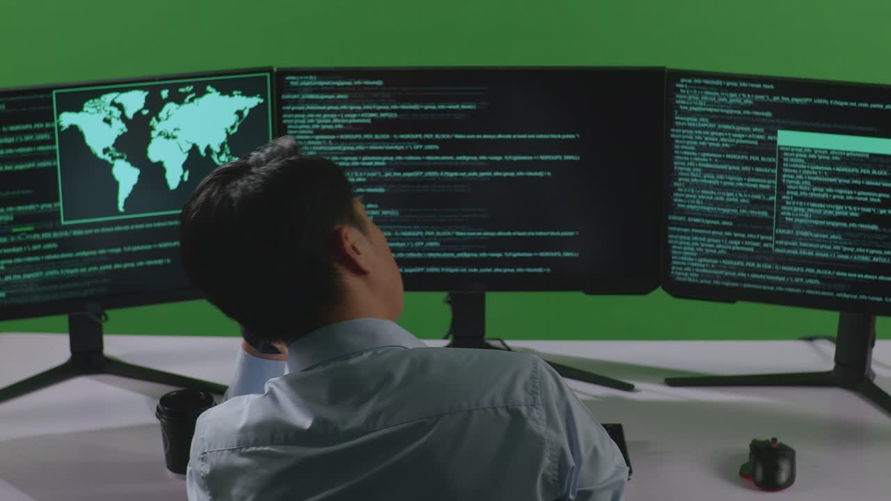 Back View Of Bored Asian Man Developer Write Code With Multiple Computer Screens In Green Screen Studio