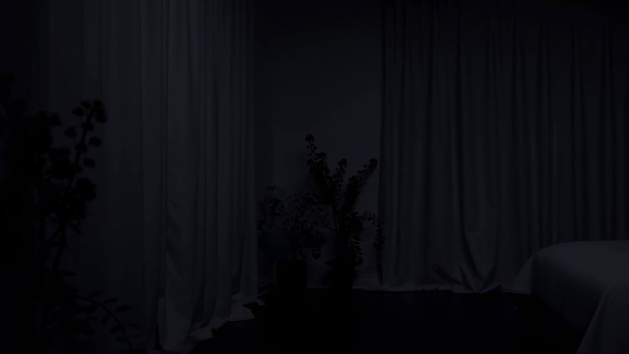 Moody Dark Bedroom With Curtains, Bed And Potted Plants In Low Light, Calm Latenight Interior Scene With Soft