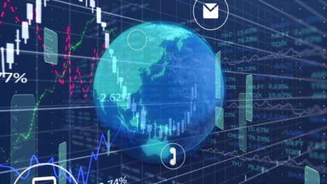 global financial data and stock market trends animation over digital world map