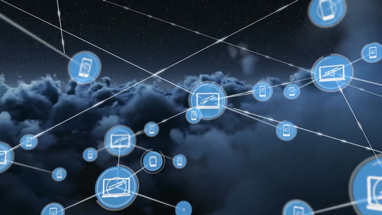 Animation of network of connections with icons over sky