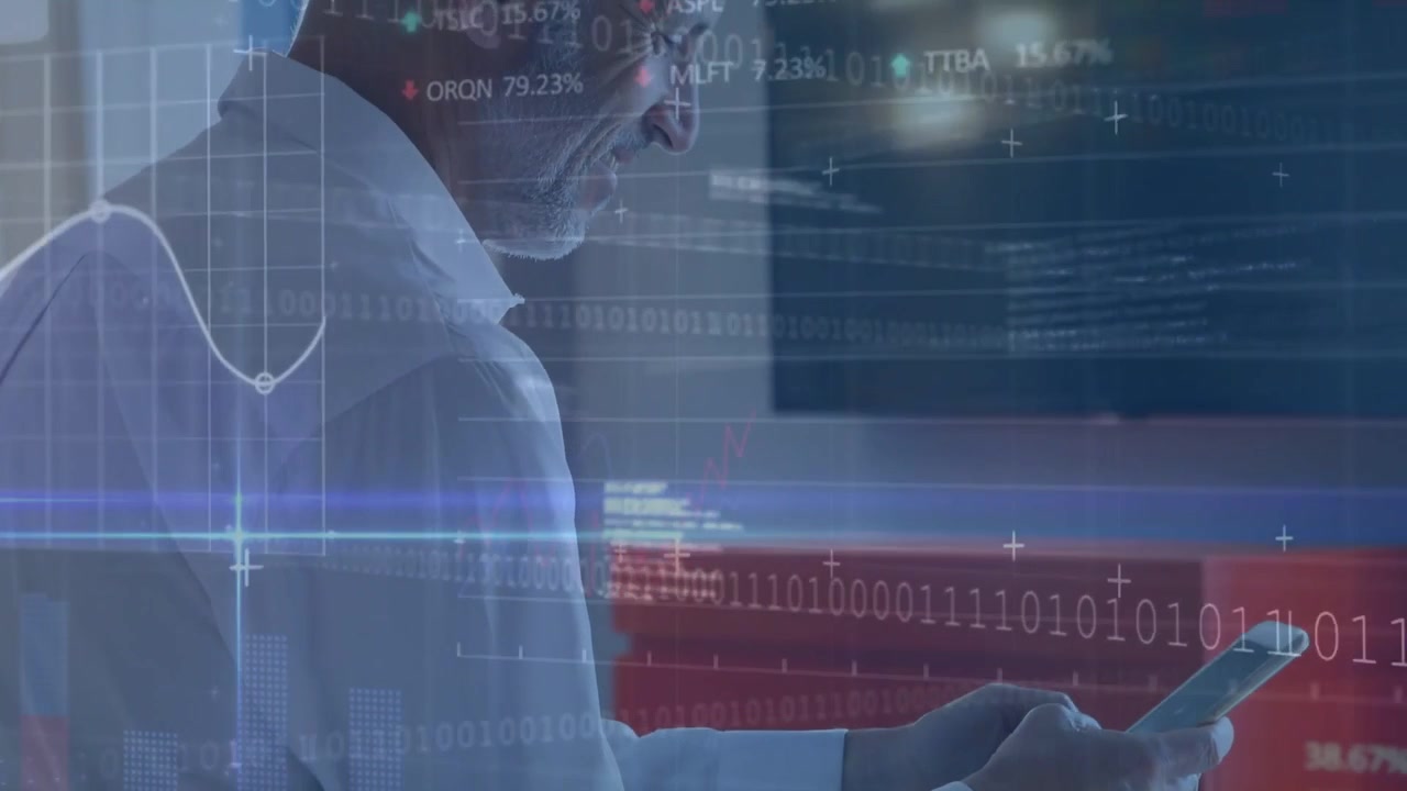 Moden mand sidder i sengen, tapper på telefonen og scroller, overvåger aktier, mens hologrammer animeres.