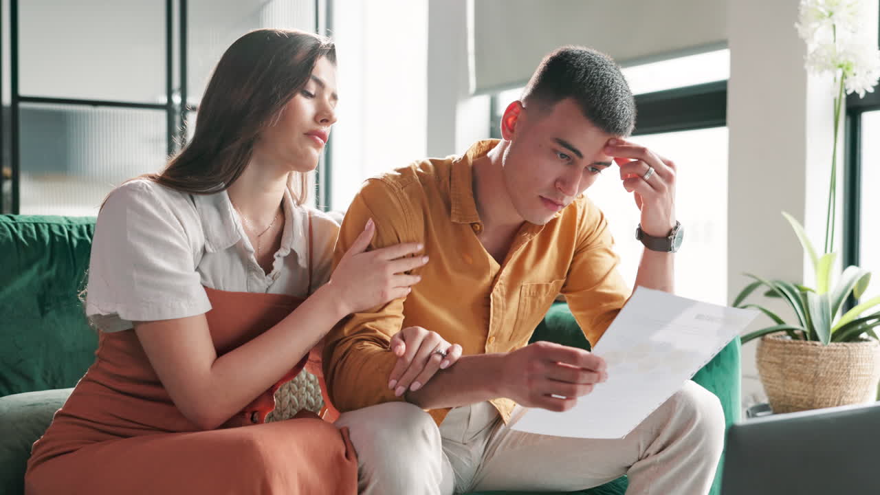 Worried couple looking at financial documents