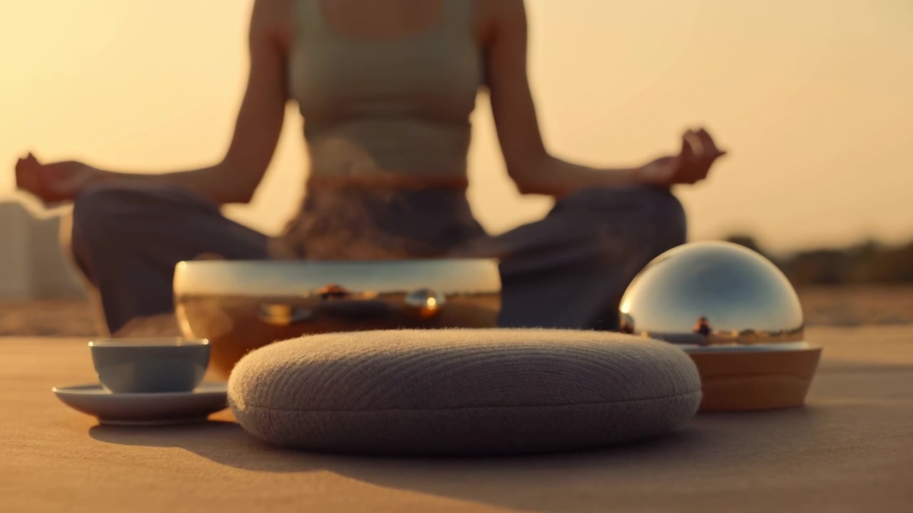 Sequenza di meditazione all'alba con donna seduta che assume la posizione del loto concentrata accanto a un rituale