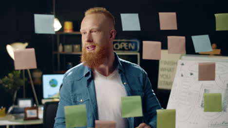 Closeup-smiling-hipster-guy-sticking-notes-on-glass-board-on-night-office