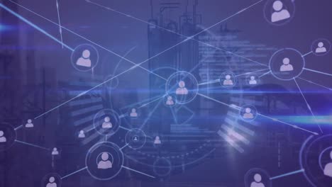 animation of data processing and media icons over cityscape