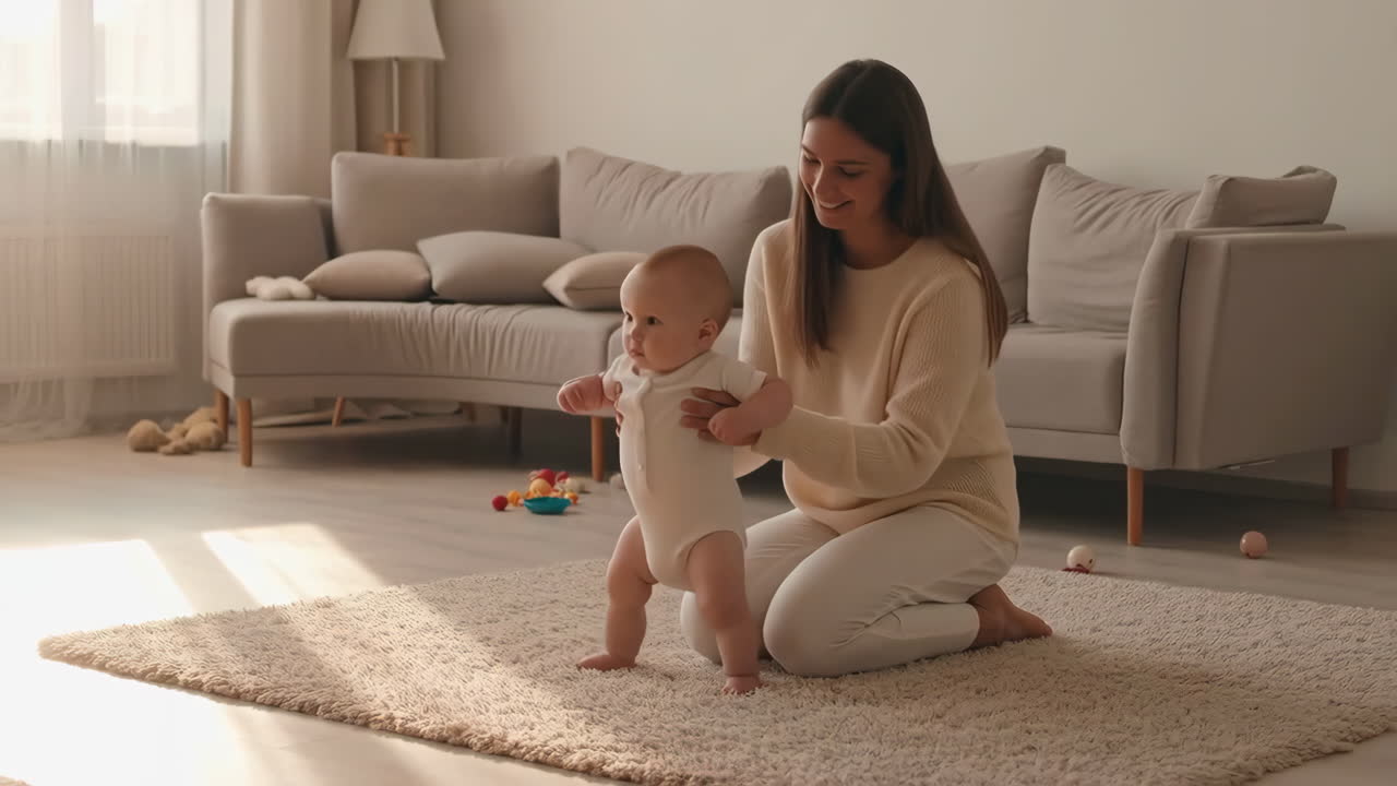 Mother helping baby to walk at home