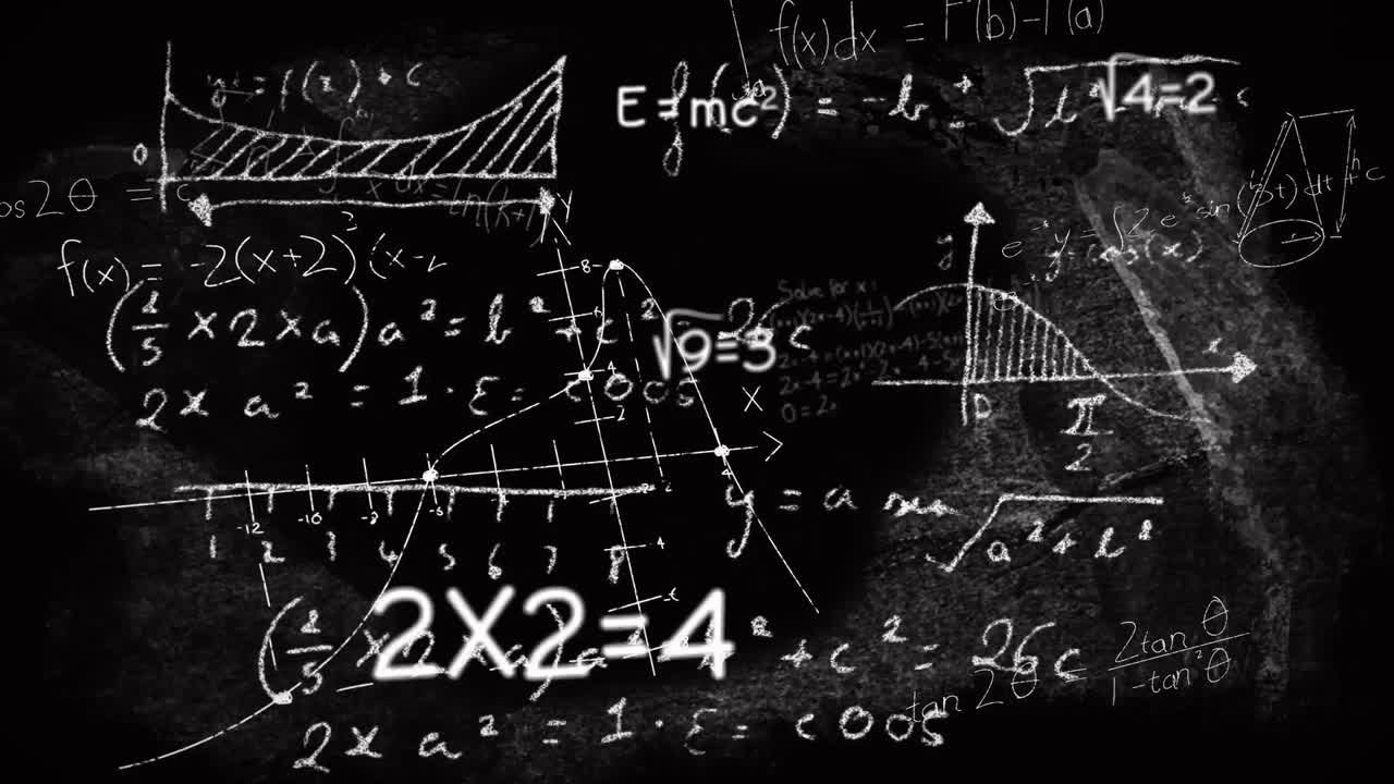 animación de ecuaciones matemáticas, diagramas y fórmulas flotando contra un fondo negro