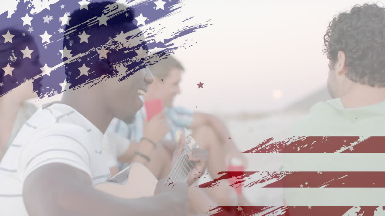 Animation of flag of usa and stars over diverse friends playing guitar on beach