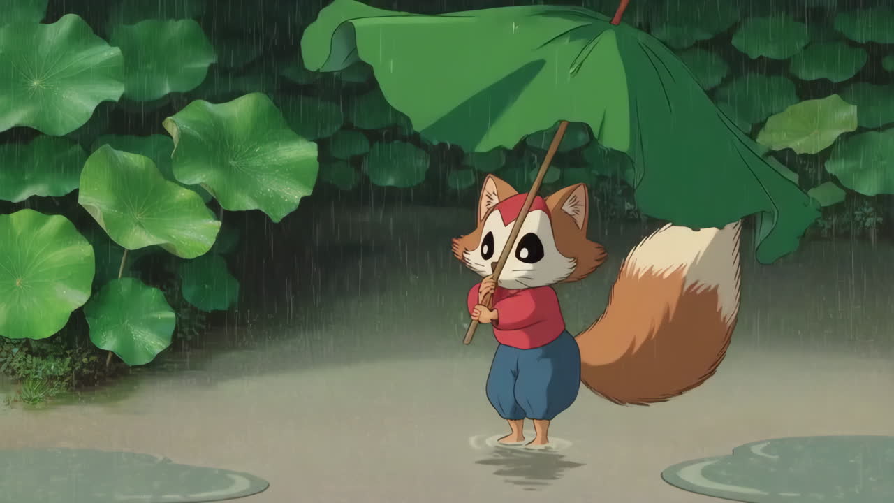 Cute animated animal holding a leaf umbrella in the rain