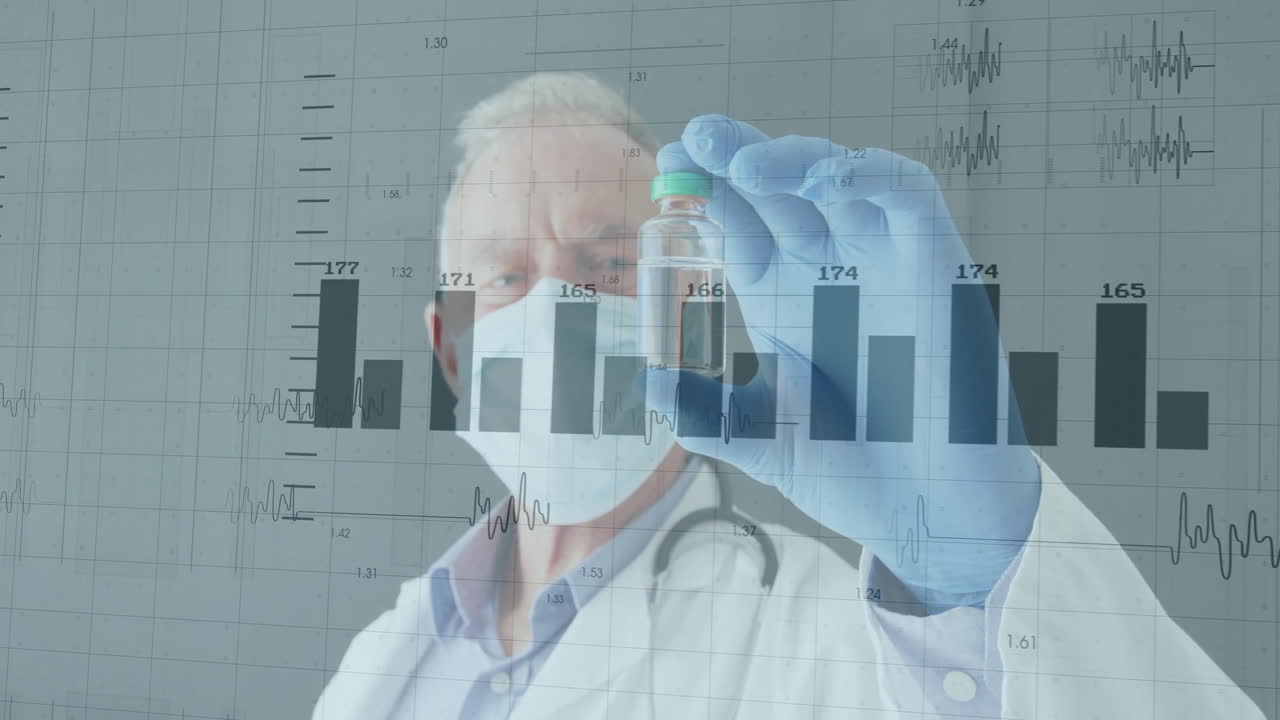 Senior male doctor examining vial in clinical research lab, displaying bar chart and ECG overlays