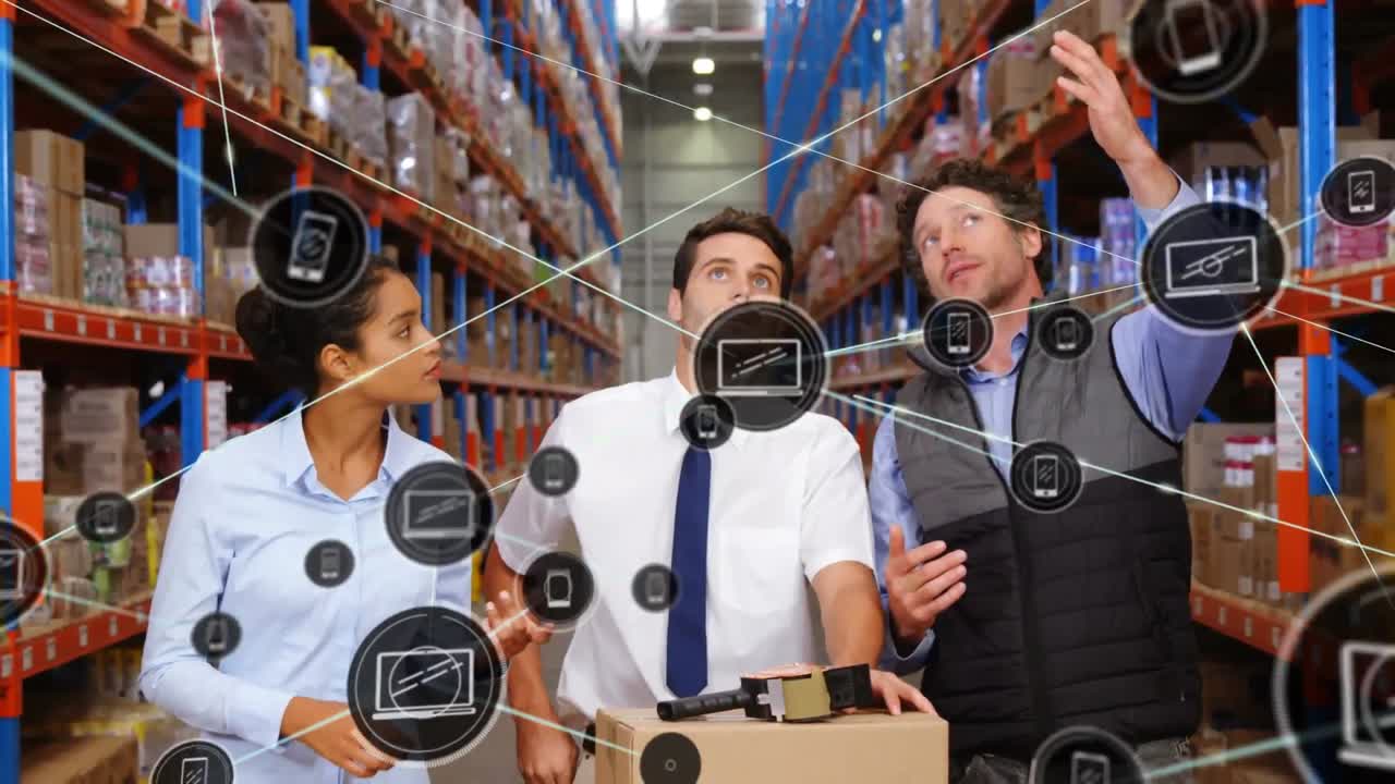 창고에서 일하는 사람들에 대한 아이콘과 연결 네트워크의 애니메이션