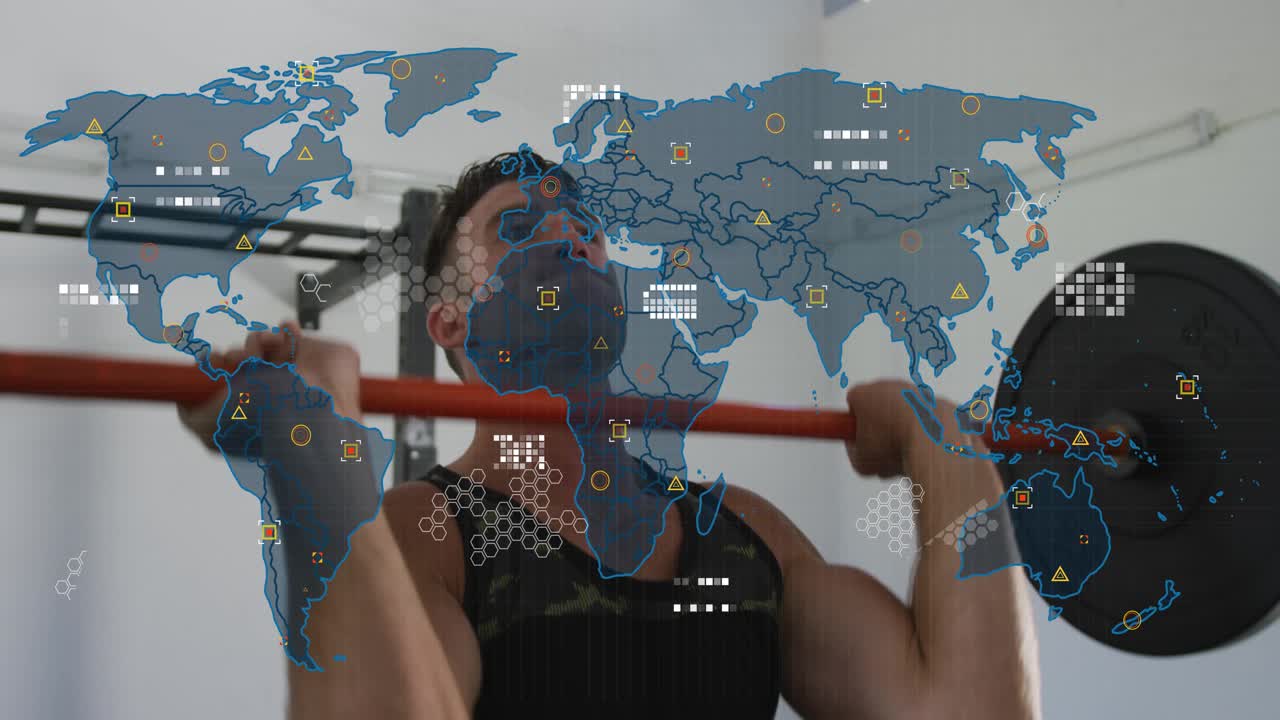Man pressing red barbell front rack to overhead in home gym, HUD overlay evolving for fitness
