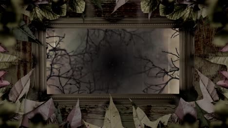 animation of creepy halloween branches and storm in dry leaves frame