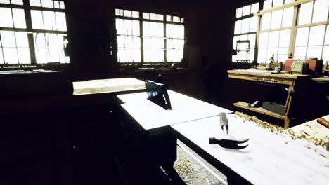workshop tools positioned on a workbench illuminated by natural light