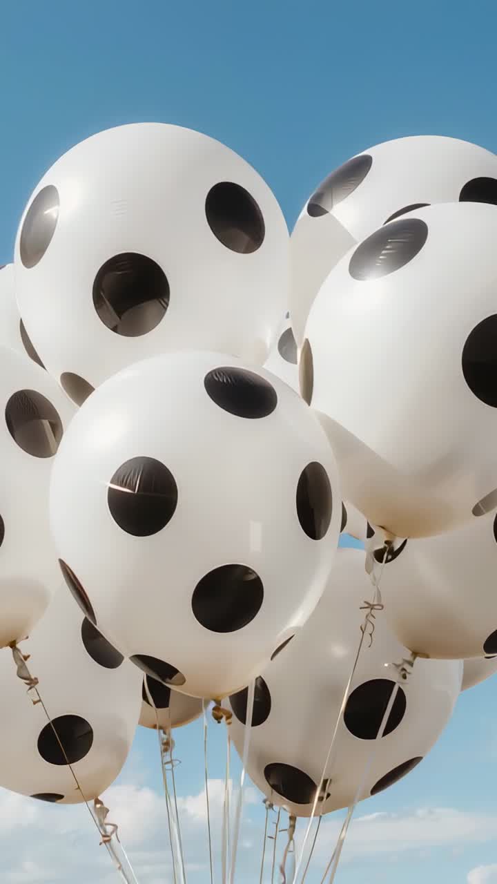 Video verticale: palloncini bianchi fluttuanti con punti neri che ruotano nel cielo, la brezza che tira i fili