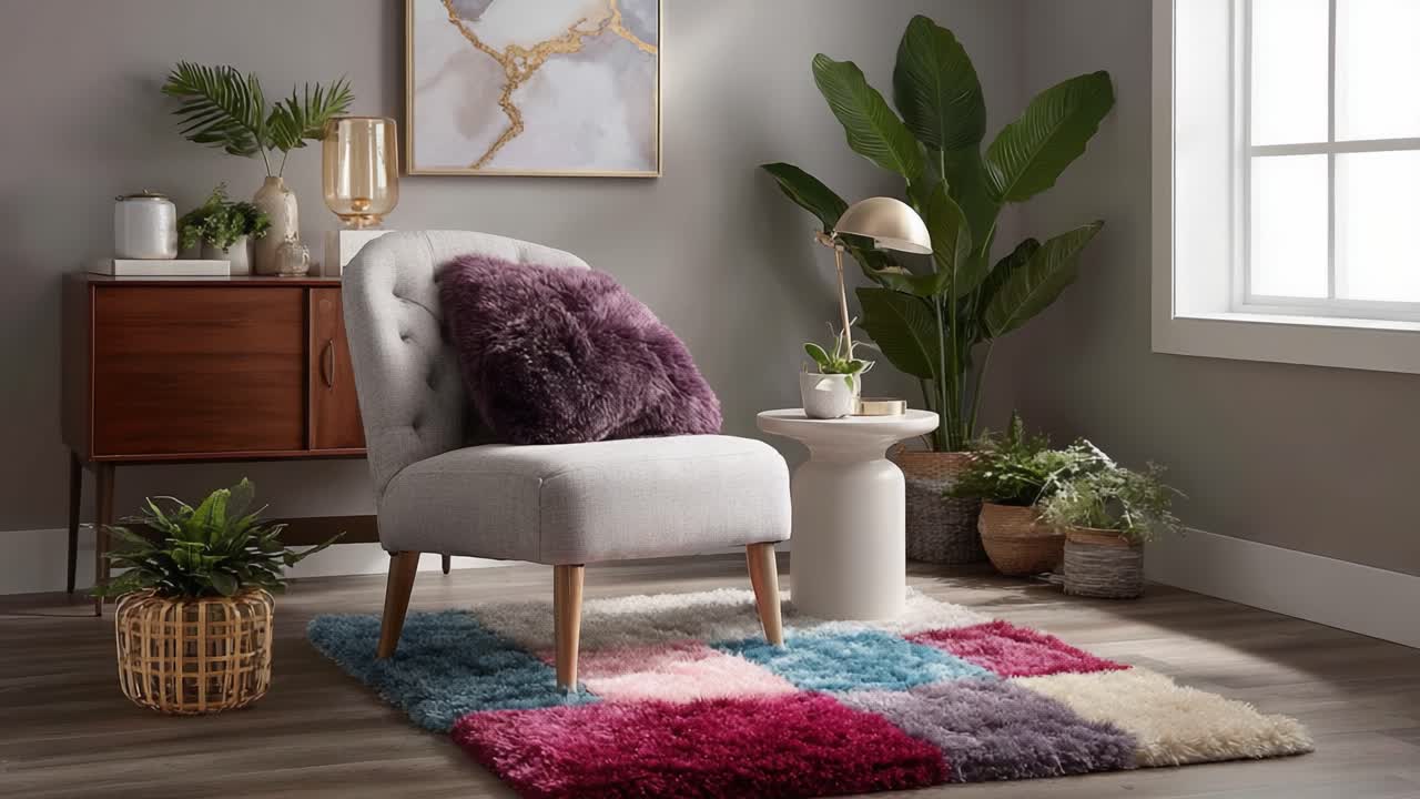 Cozy Interior Design Inspiration Featuring a Plush Chair, Colorful Rug, and Lush Greenery in a Stylish Living Space
