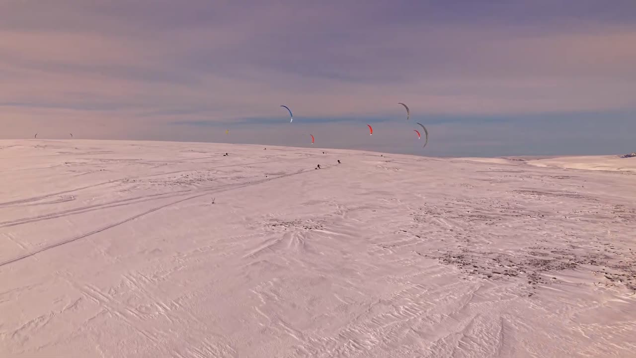 Gorgeous aerial drone footage of people flying and kite skiing with kites on vast large white snow covered Norway landscapes at an endurance race during a winter sunny day.