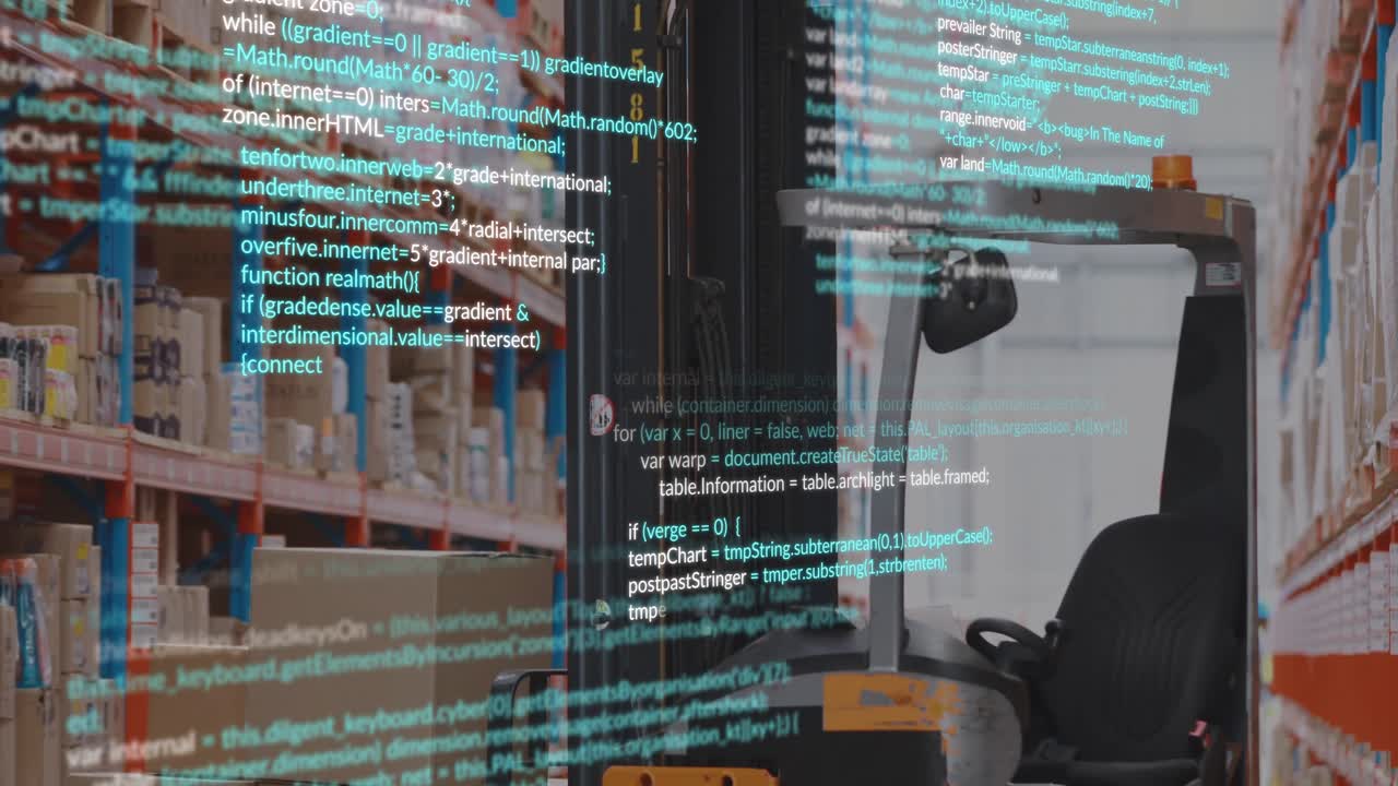 Animation af databehandling over en gaffeltruck på et lager.