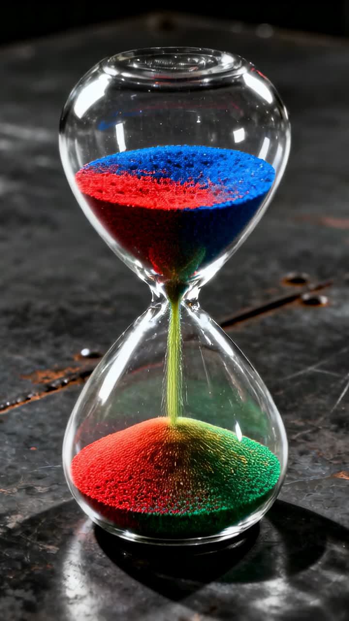 Vertical video: Falling glass timer pouring blue red green sand through neck on table, timing