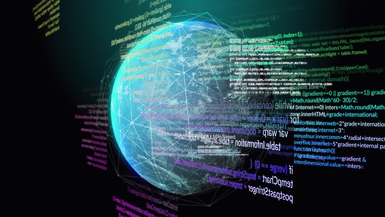 Animation of data processing and network of connections over spinning globe on black background