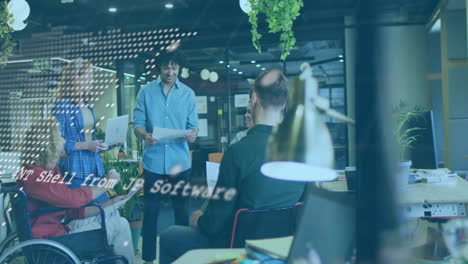 Diverse team collaborating in modern office with software code overlay animation