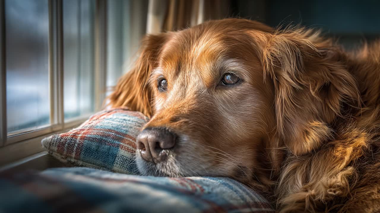 A Heartfelt Moment of Reflection: A Golden Retriever Gazes Longingly Out the Window, Capturing the Essence of Loyalty and Love in the Comfort of Home