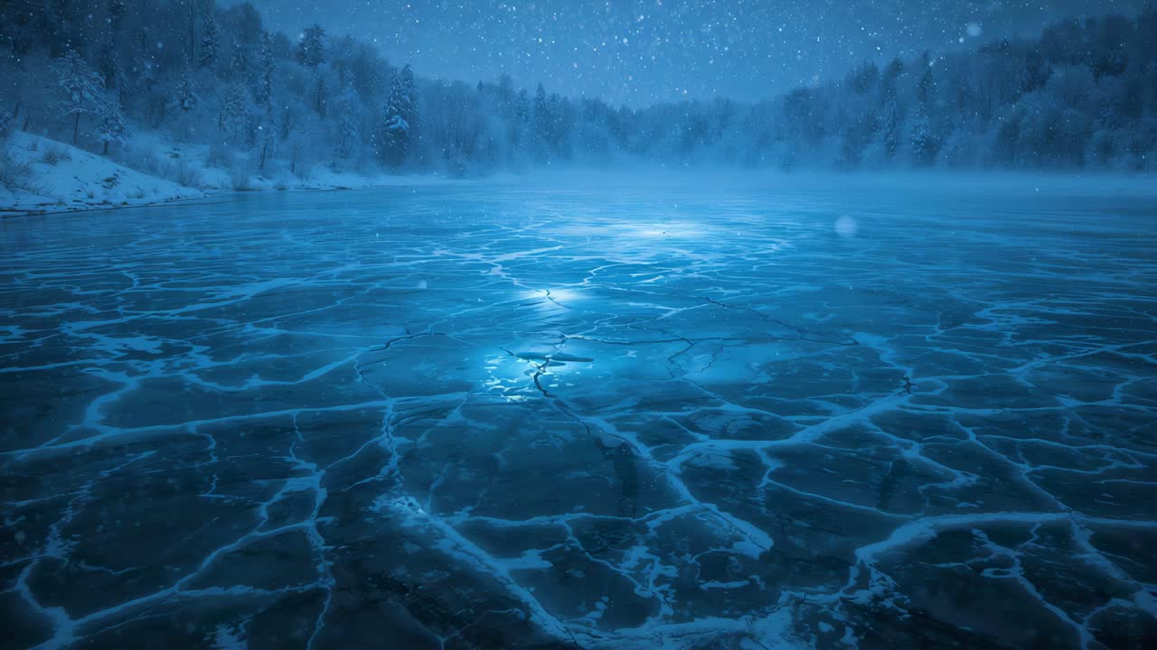 Showing frozen lake with cracks under moonlight, central glow flickering, snow falling, tree line