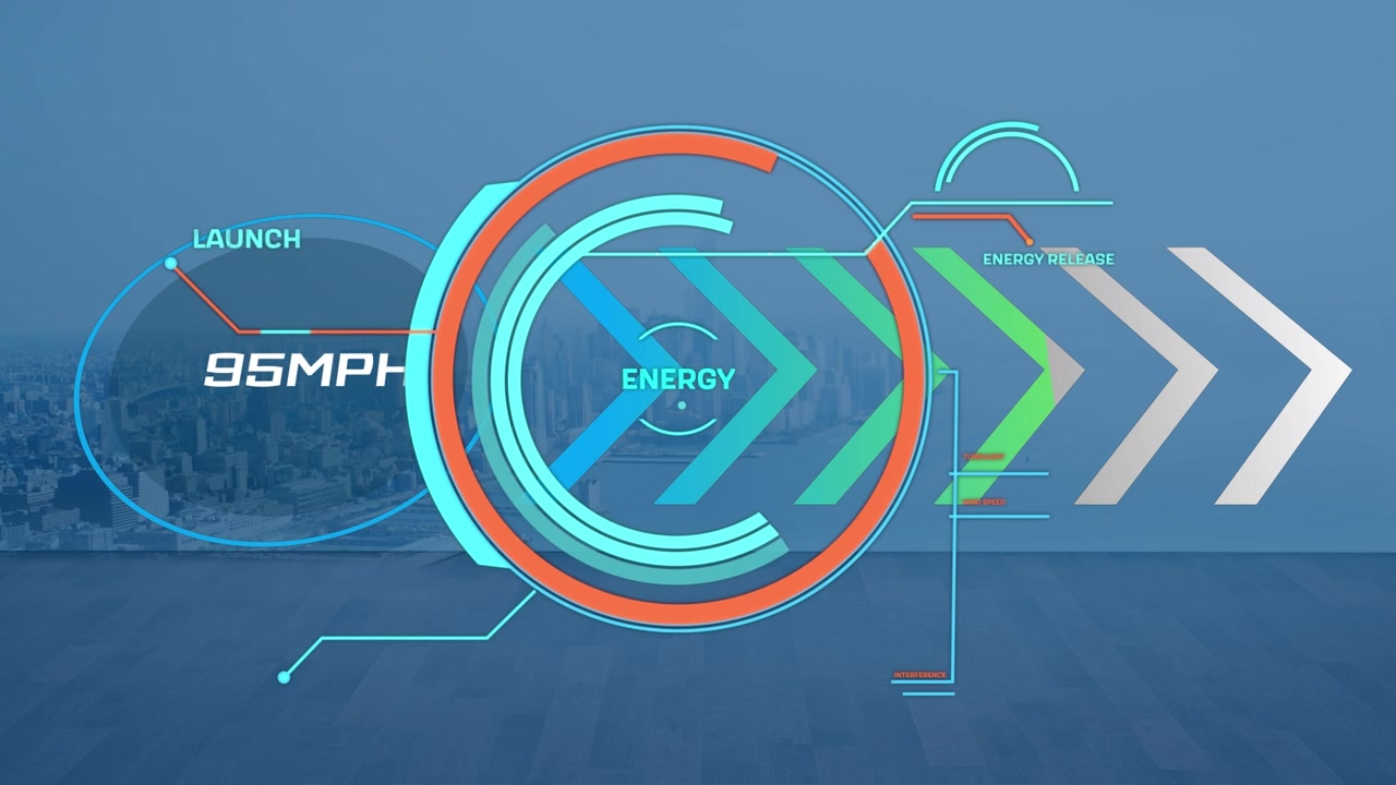 Animation of arrows, speedometer and energy on blue background