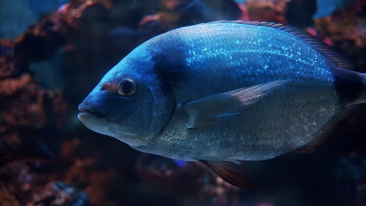 Nahaufnahme eines Diplodus vulgaris Fischs, der in der Nähe von Korallenriffen schwimmt