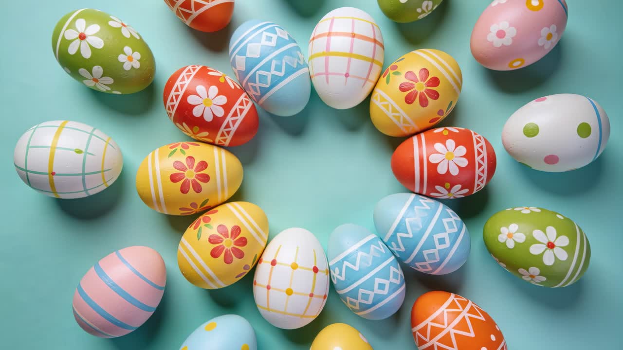 First frame starting clockwise, decorated eggs sliding closer on turquoise table, closing gap