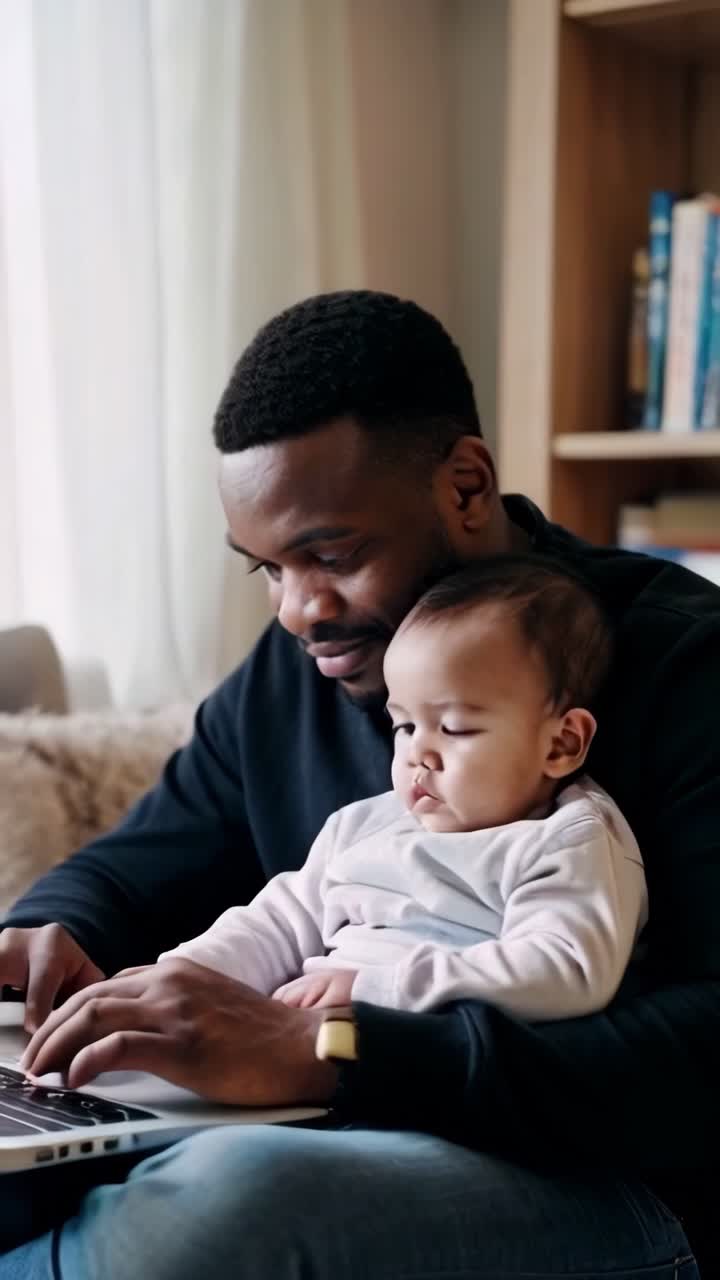 Young afro father working on a laptop at office home, holding him young child in his arms