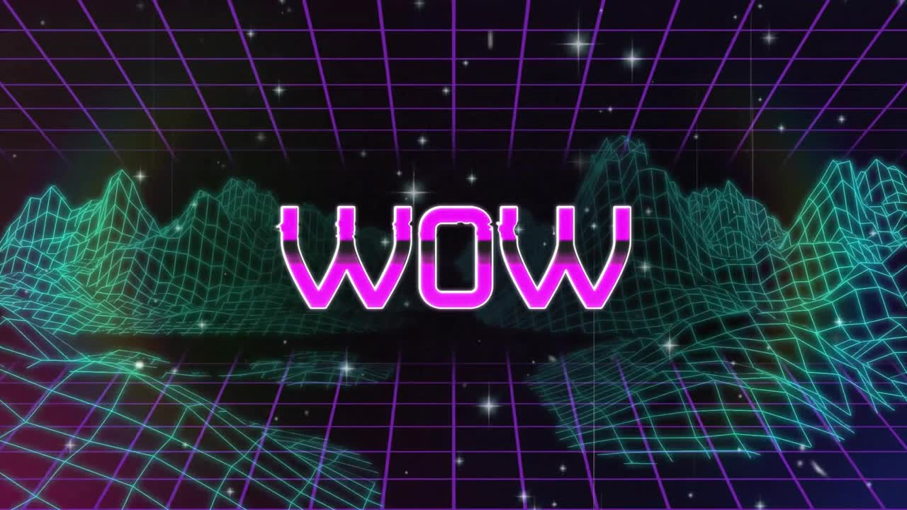 Nach 1 Sekunde flimmern Fragmente in der Mitte, Spuren verschmelzen zu einem pulsierenden WOW-Text, der ein Neon-Logo präsentiert