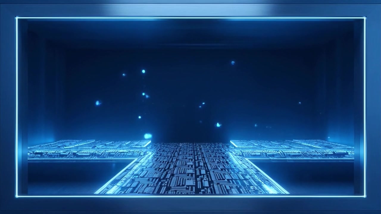 Futuristic Digital Platform with Glowing Blue Particles and Circuitry