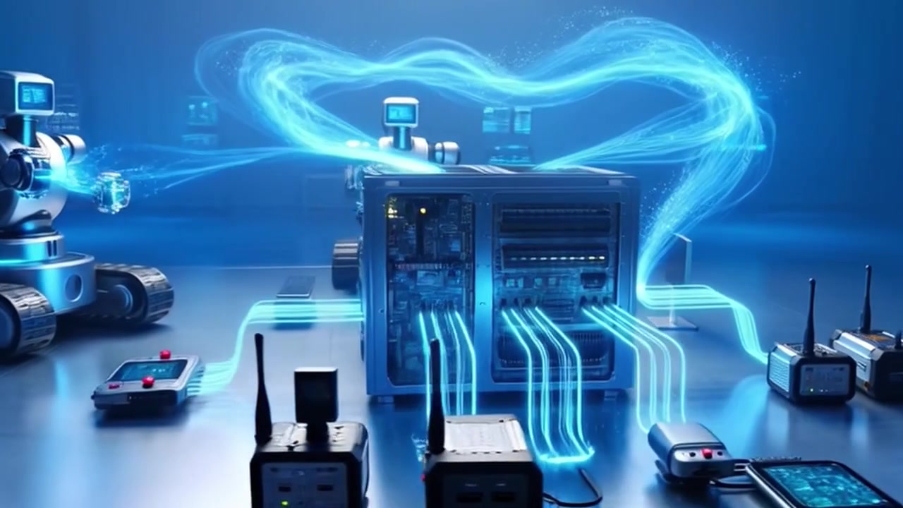 Robots Connecting to Central Server with Glowing Data Streams