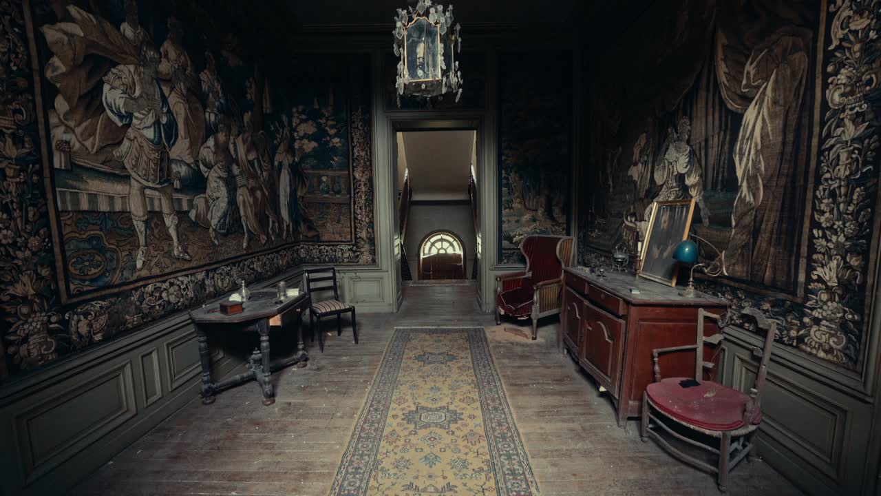 Eerie Hallway of an Old Abandoned Mansion with Ornate Tapestries