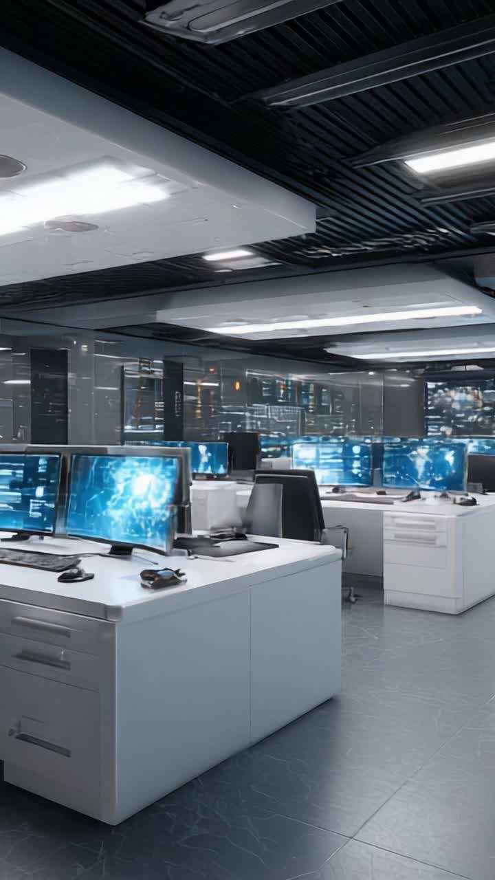 A Modern Workspace Filled with Advanced Technology Showcasing Multiple Computer Monitors and Sleek White Desks in a High-Tech Environment