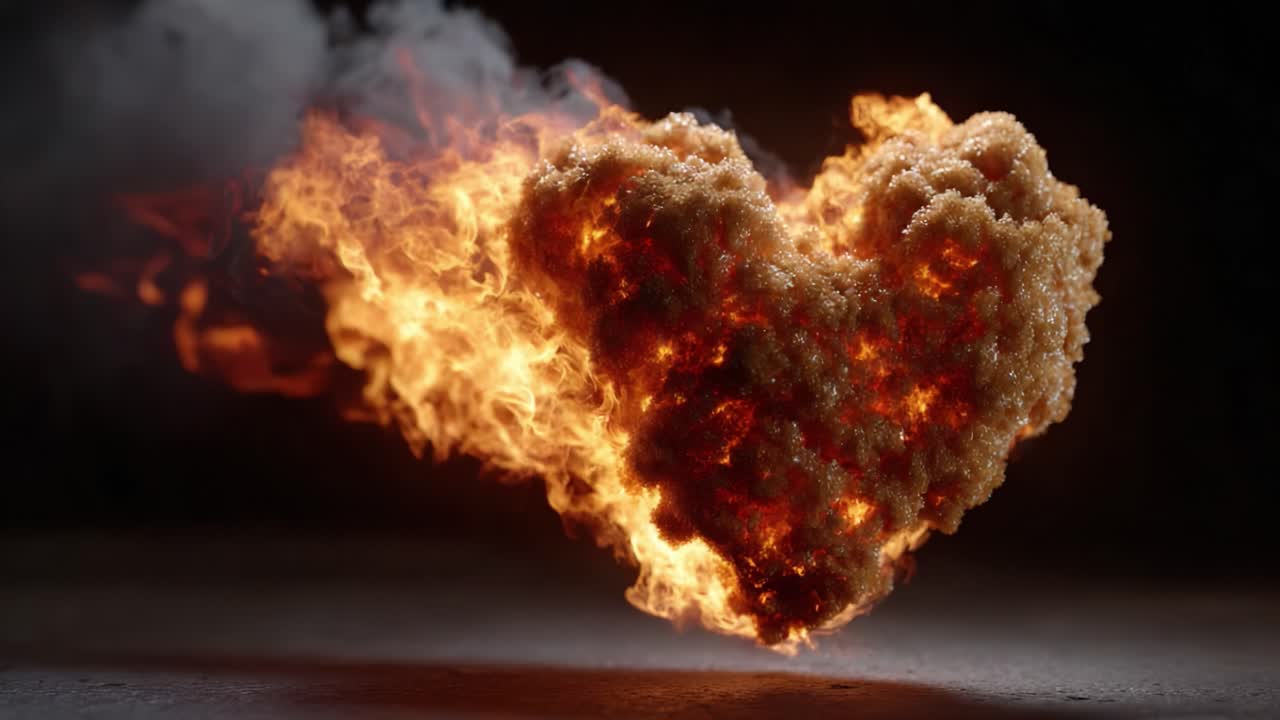 A Dramatic and Fiery Heart Shaped Formation Emitting Vivid Flames and Smoke, Symbolizing Passion and Intensity with Its Unique Texture and Energetic Presence