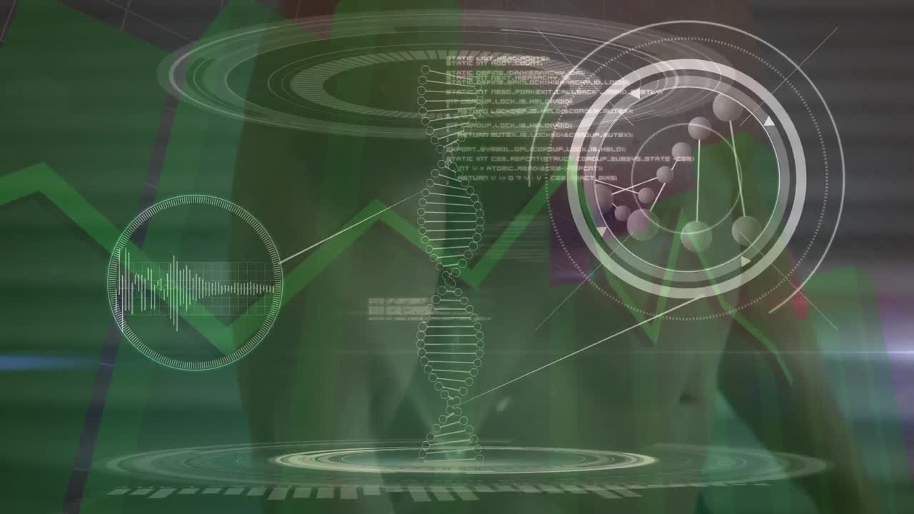 animación del procesamiento de datos sobre un deportista caucásico levantando pesas