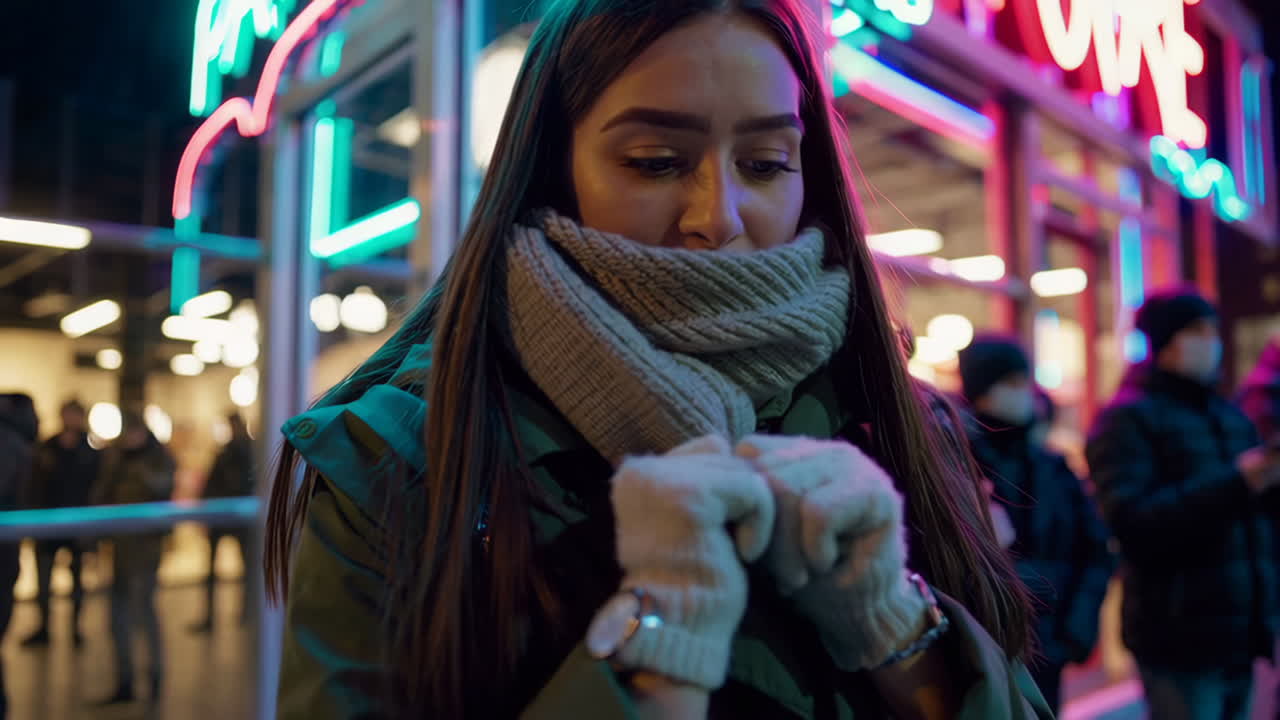 Woman in Winter Gear on a City Street at Night